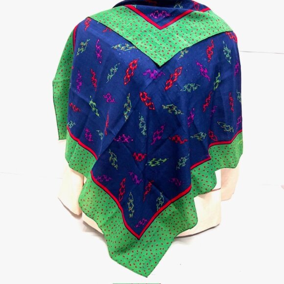 VGT GIVENCHY Paris scarf cotton/silk 34" Satin blue green red dot , (44) - Picture 8 of 10